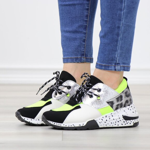 Multicolor Chunky Sneakers Neon Yellow Silver Animal Print Rugged Sole - Picture 14 of 14